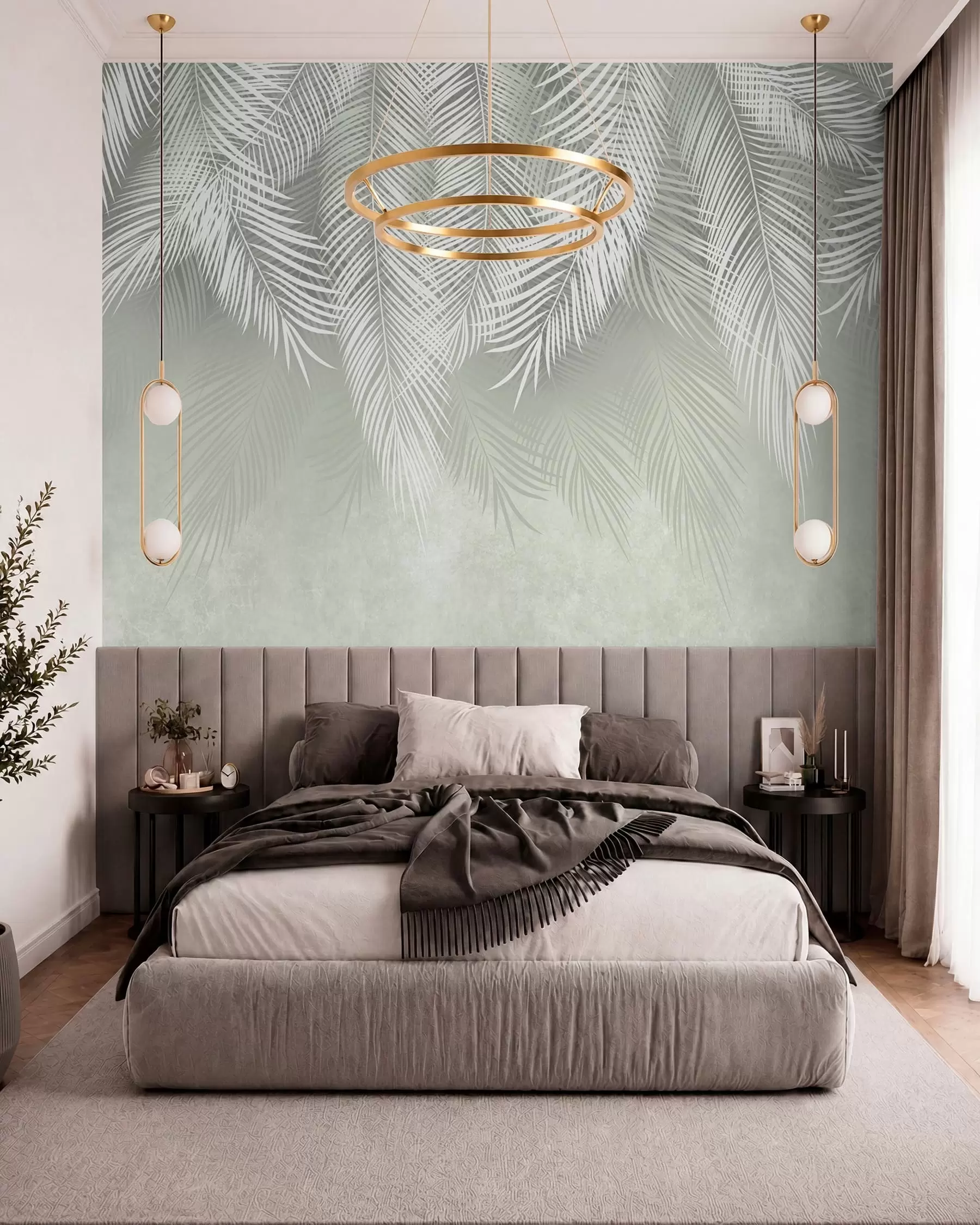 Murale Palmiers blancs de branches sur fond vert u74489