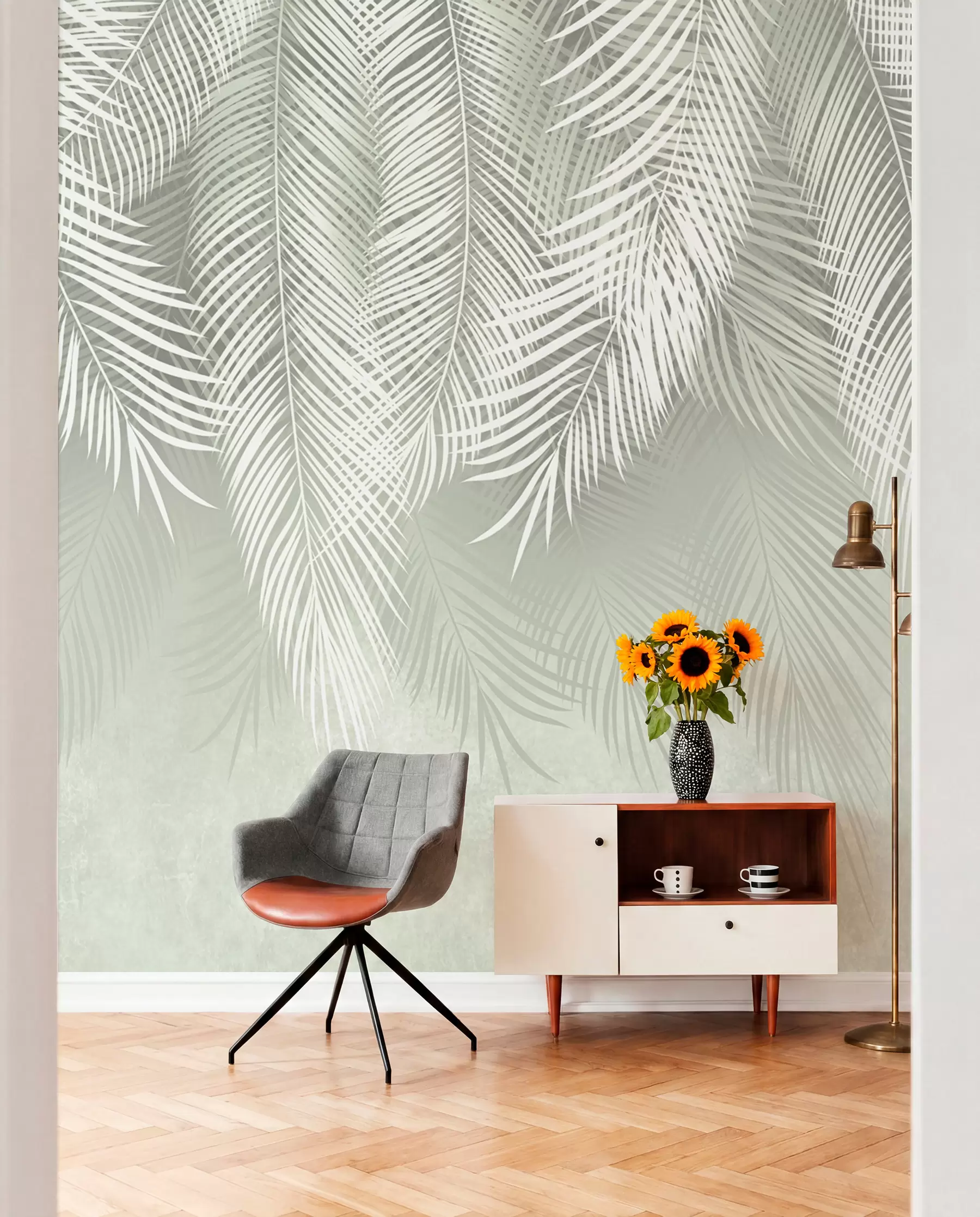 Murale Palmiers blancs de branches sur fond vert u74489