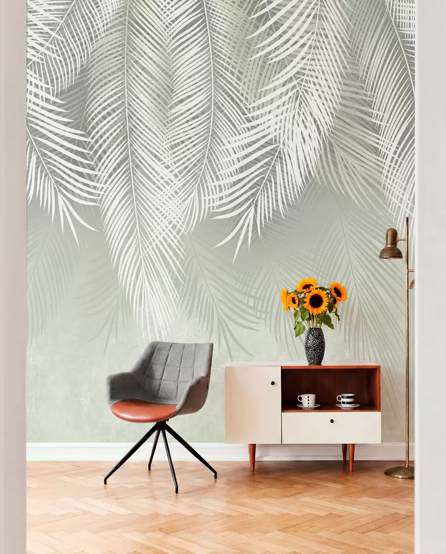 Murale Palmiers blancs de branches sur fond vert u74489