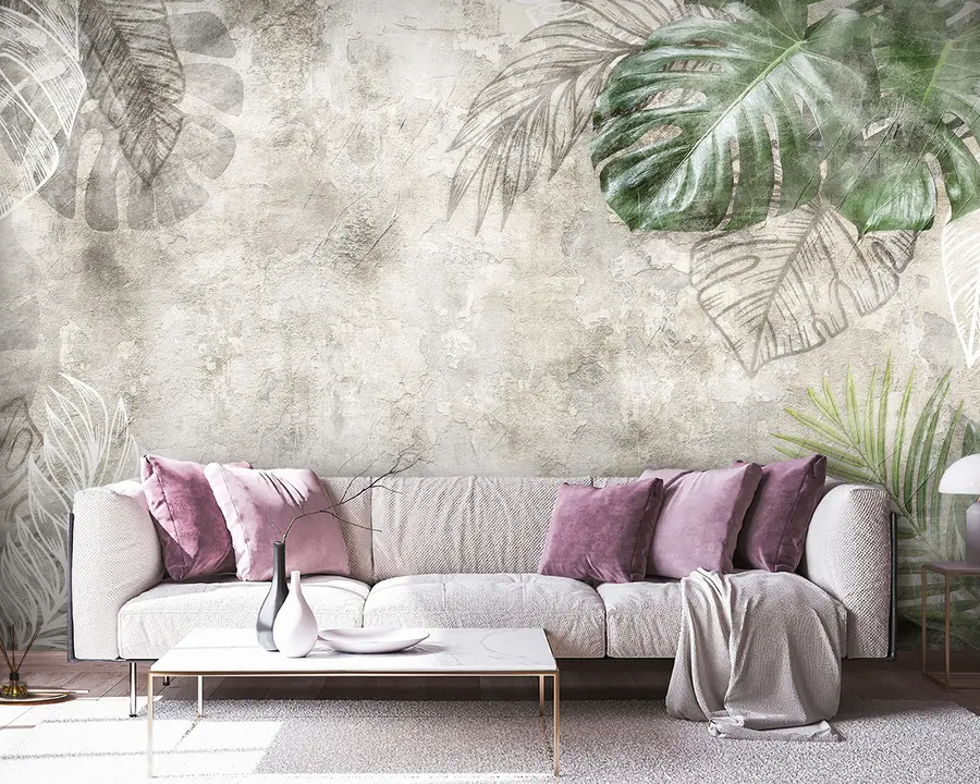 Fototapete Tropenblätter an einer gealterten Wand u93964
