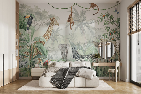 Papiers peints Panorama de la jungle avec des animaux, Papier peint photo chambre d'enfant, u74709 : Uwalls.ch