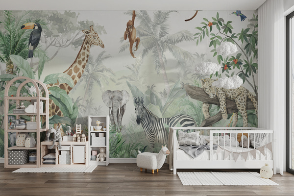 Papiers peints Panorama de la jungle avec des animaux, Papier peint photo chambre d'enfant, u74709 : Uwalls.ch