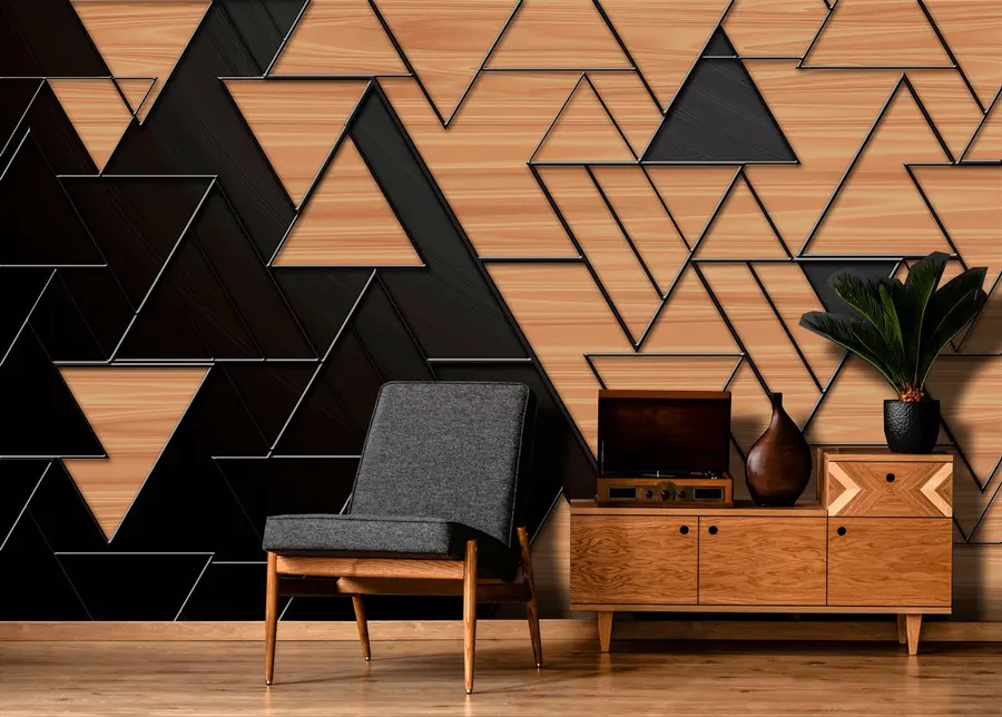Murale triangles 3D gris foncé et grain de bois avec lignes en relief u75167