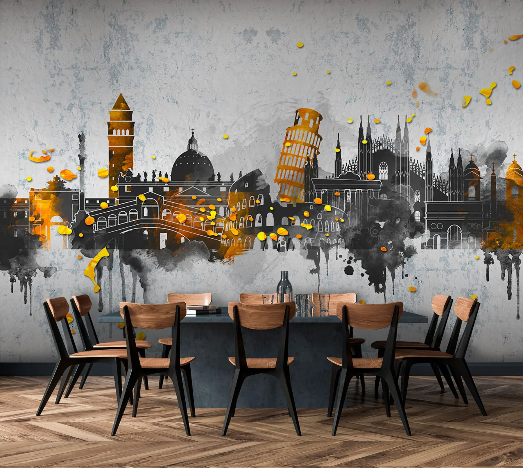 Fototapete Dunkle Silhouetten von Attraktionen berühmter Städte u74881