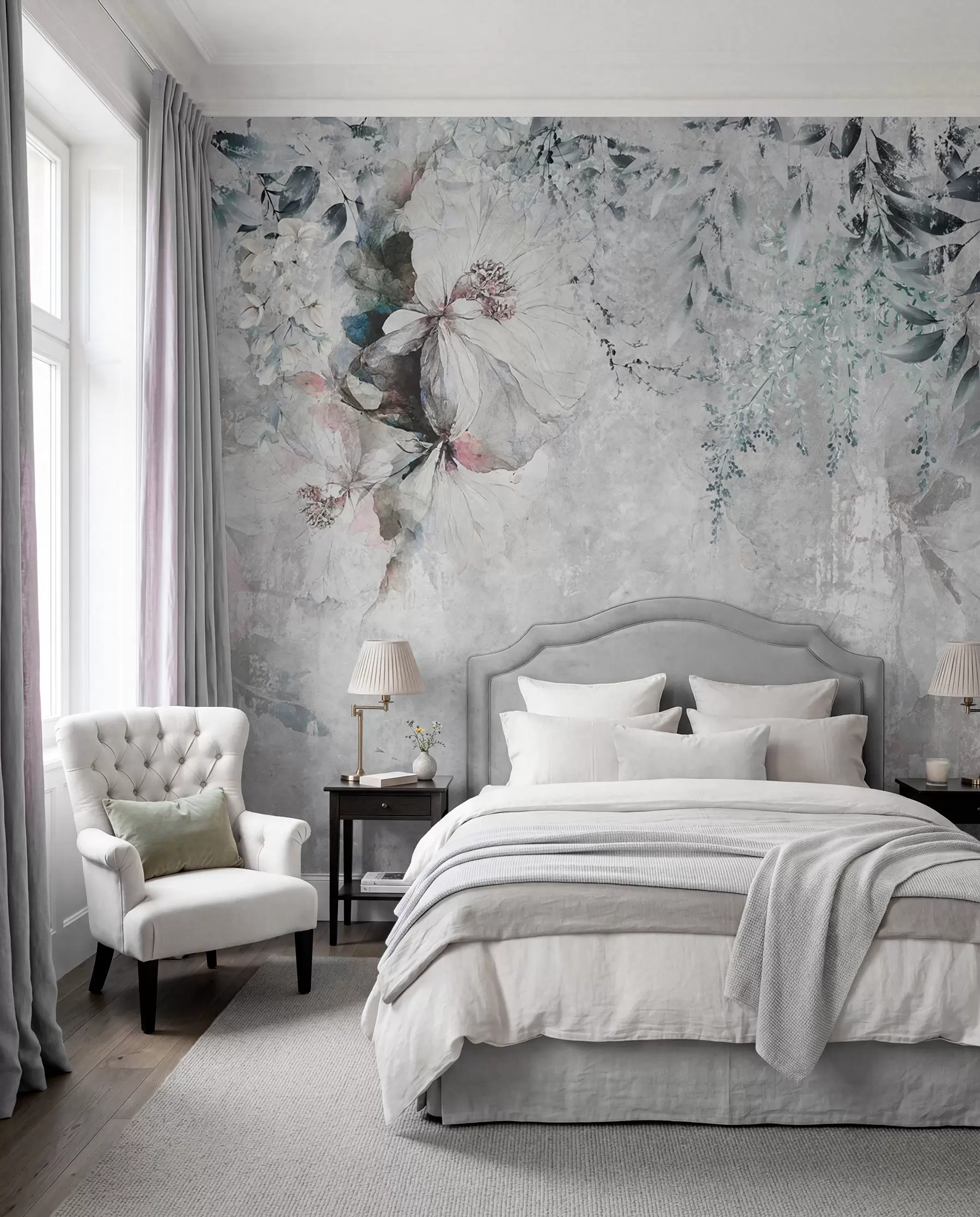 fototapeter Grunge-stil med grene og hvide knopper u74746