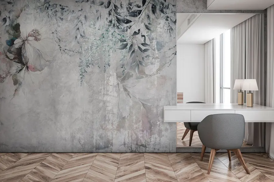 Fototapete Grunge-Stil mit Zweigen und weißen Knospen u74746