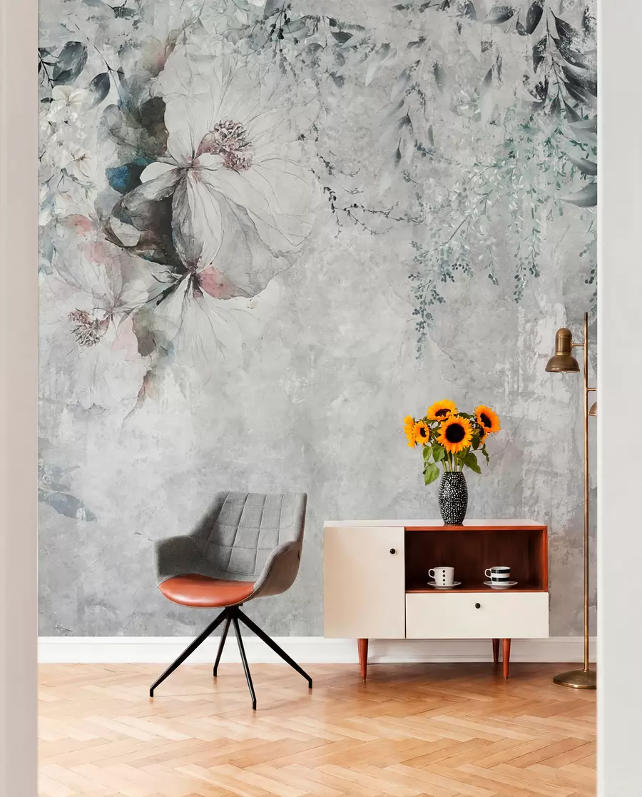 fototapeter Grunge-stil med grene og hvide knopper u74746
