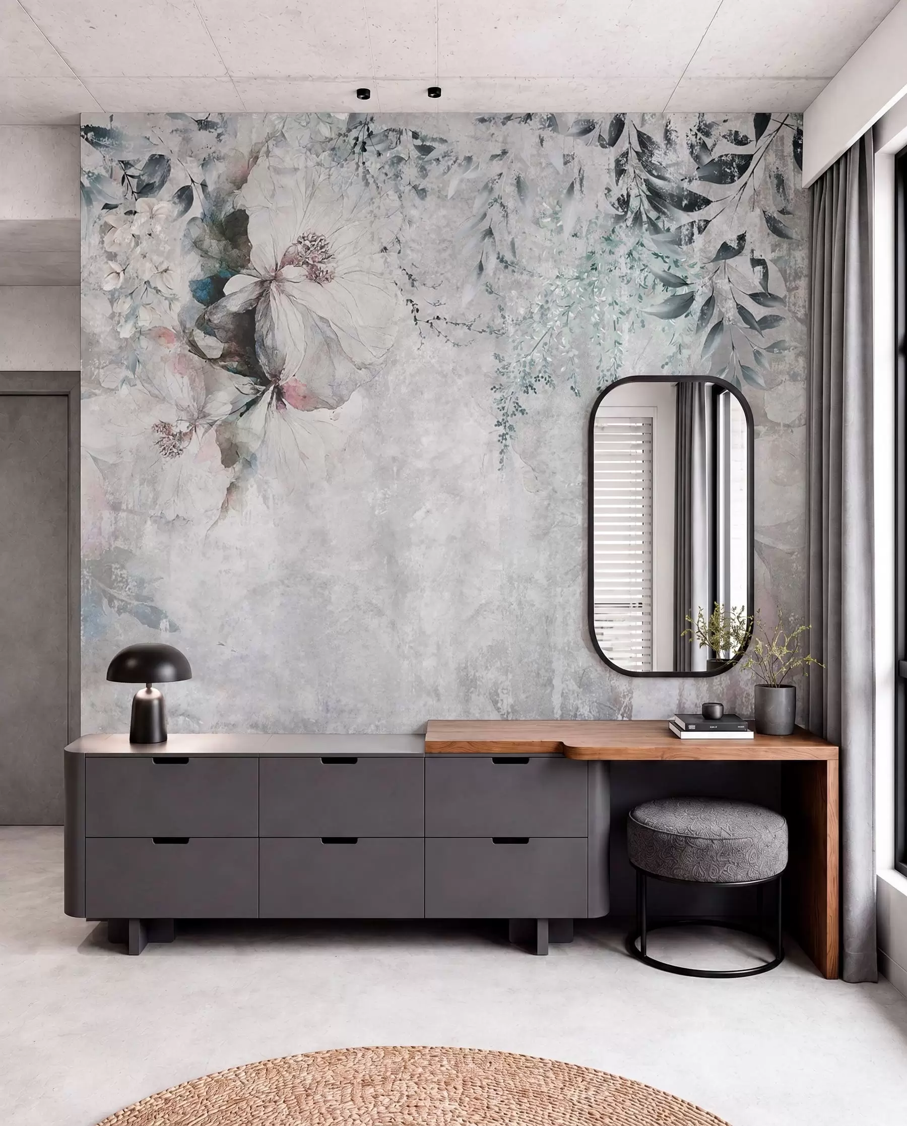 fototapeter Grunge-stil med grene og hvide knopper u74746