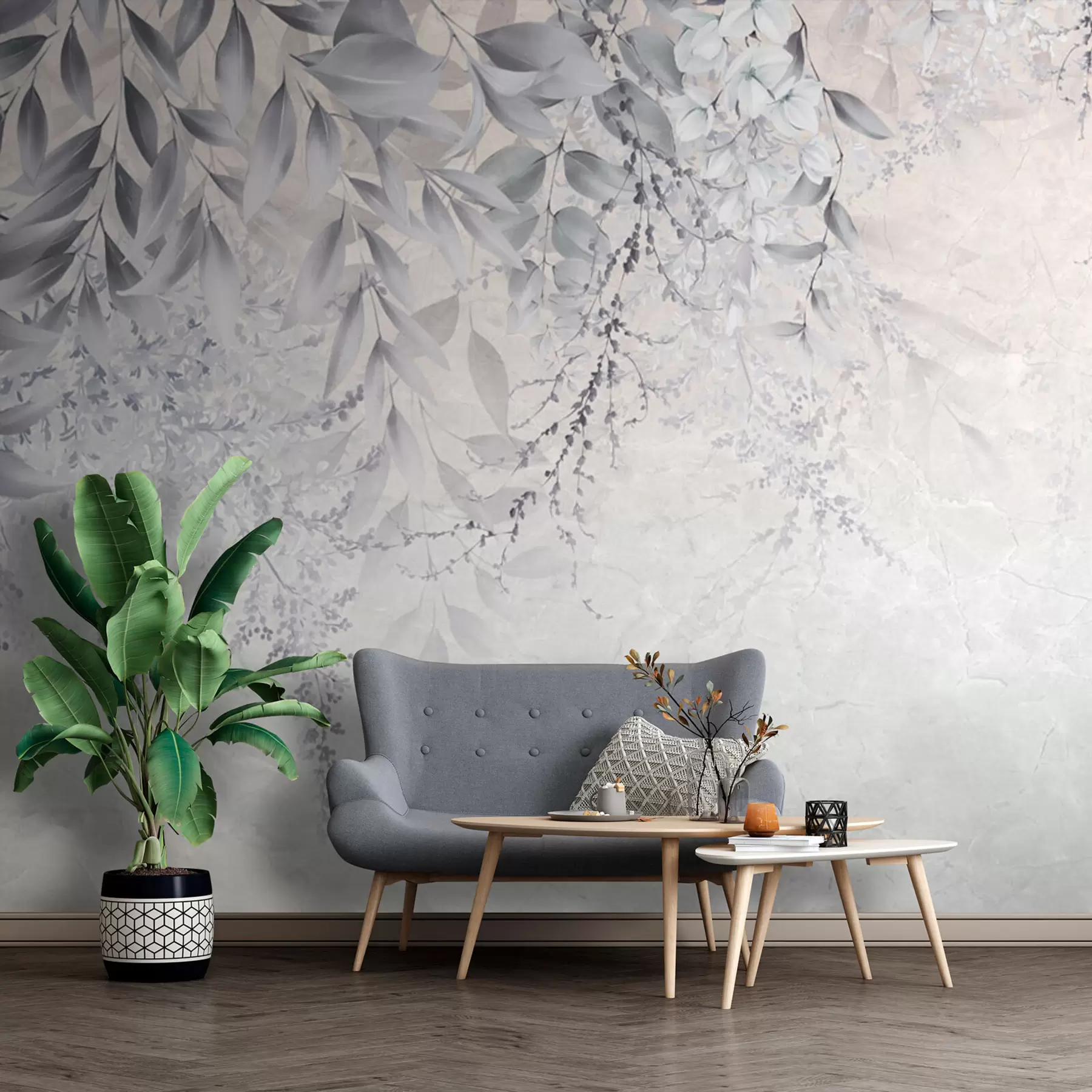 Fototapete Graue Blätter mit Blumen u94228