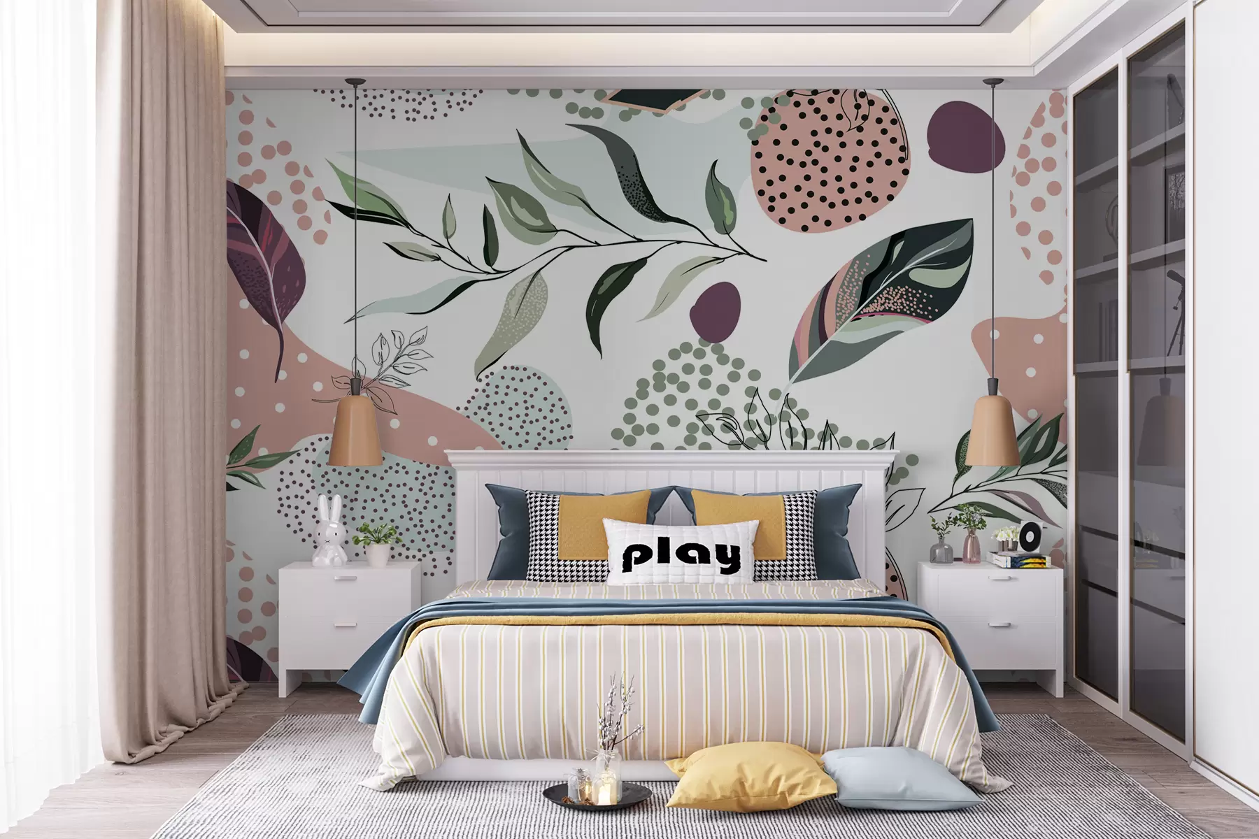 Murale Motif botanique abstrait avec des feuilles exotiques u75399