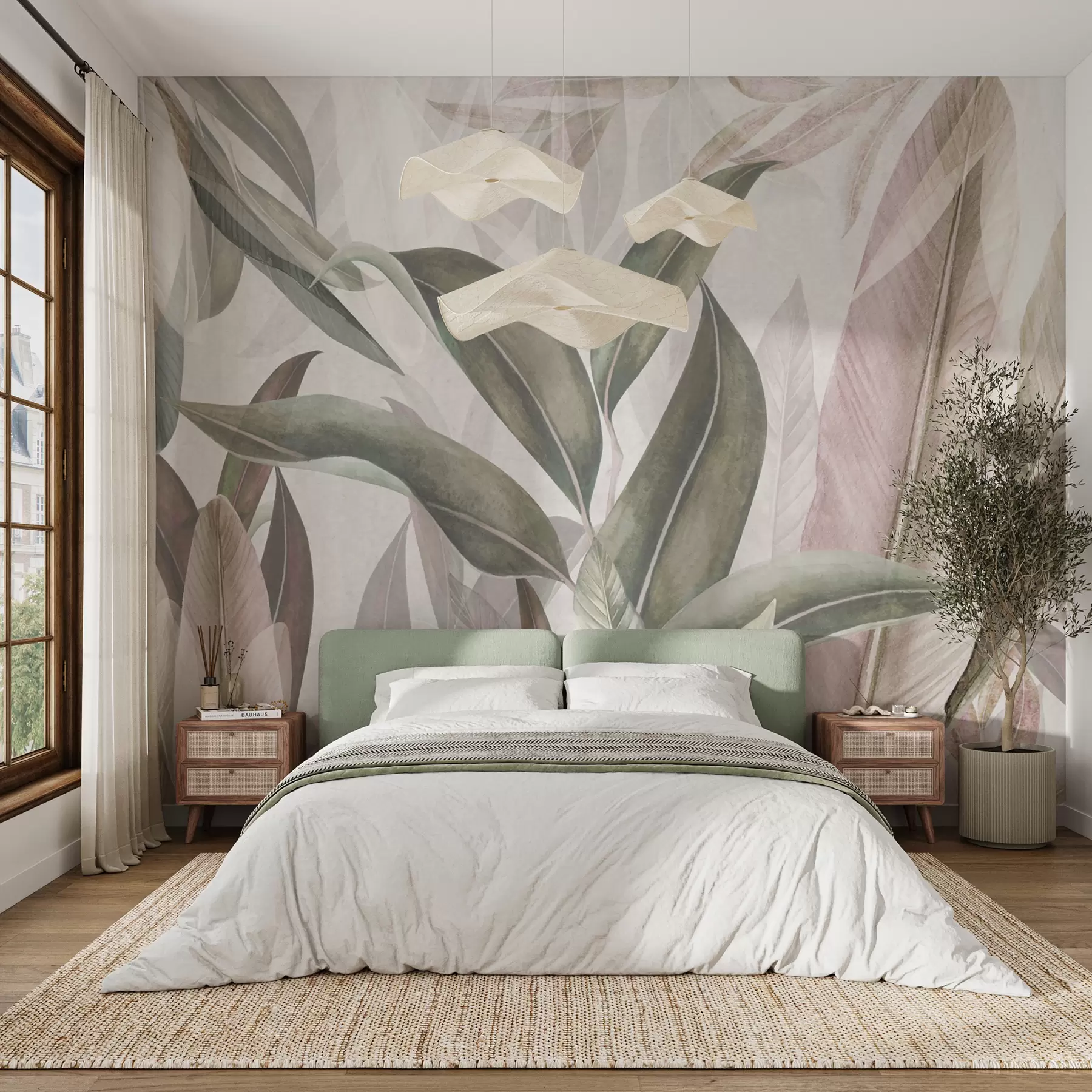 Murale Feuilles de palmier vertes et roses u94302