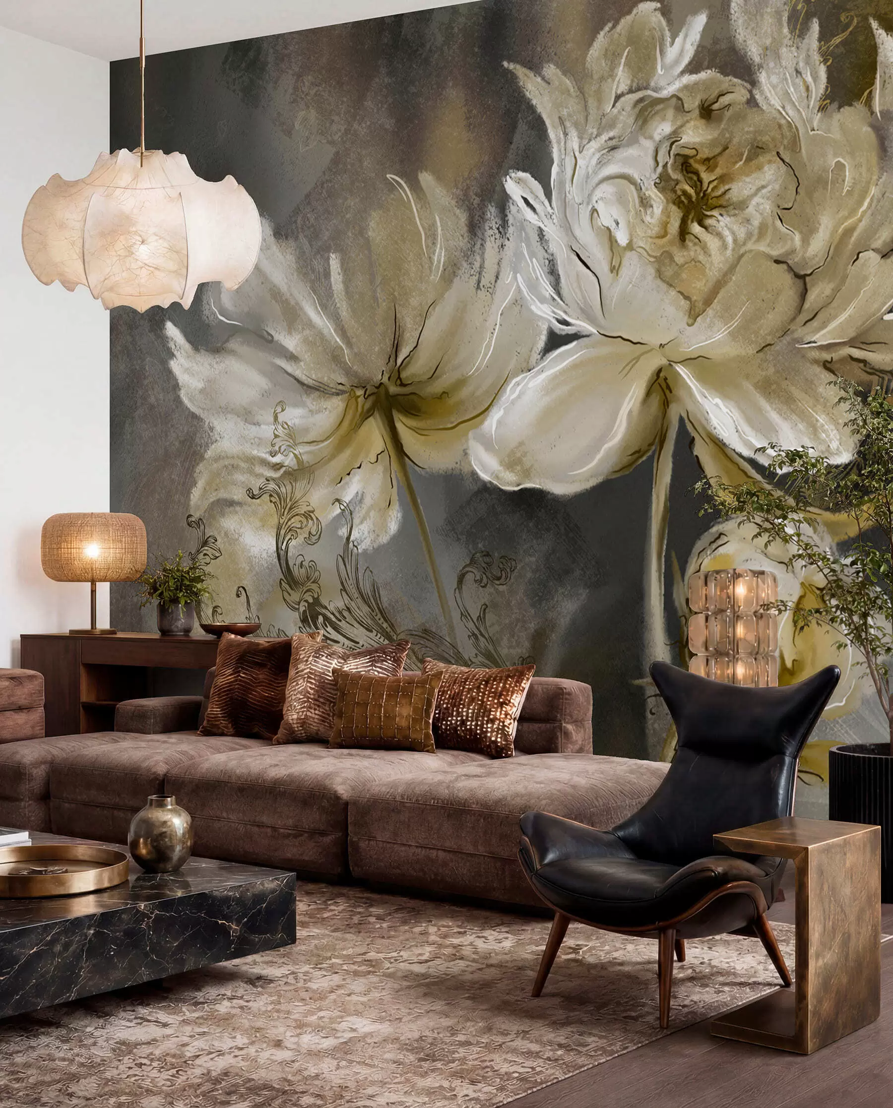 Murale Fleurs vintage en vert olive u78738