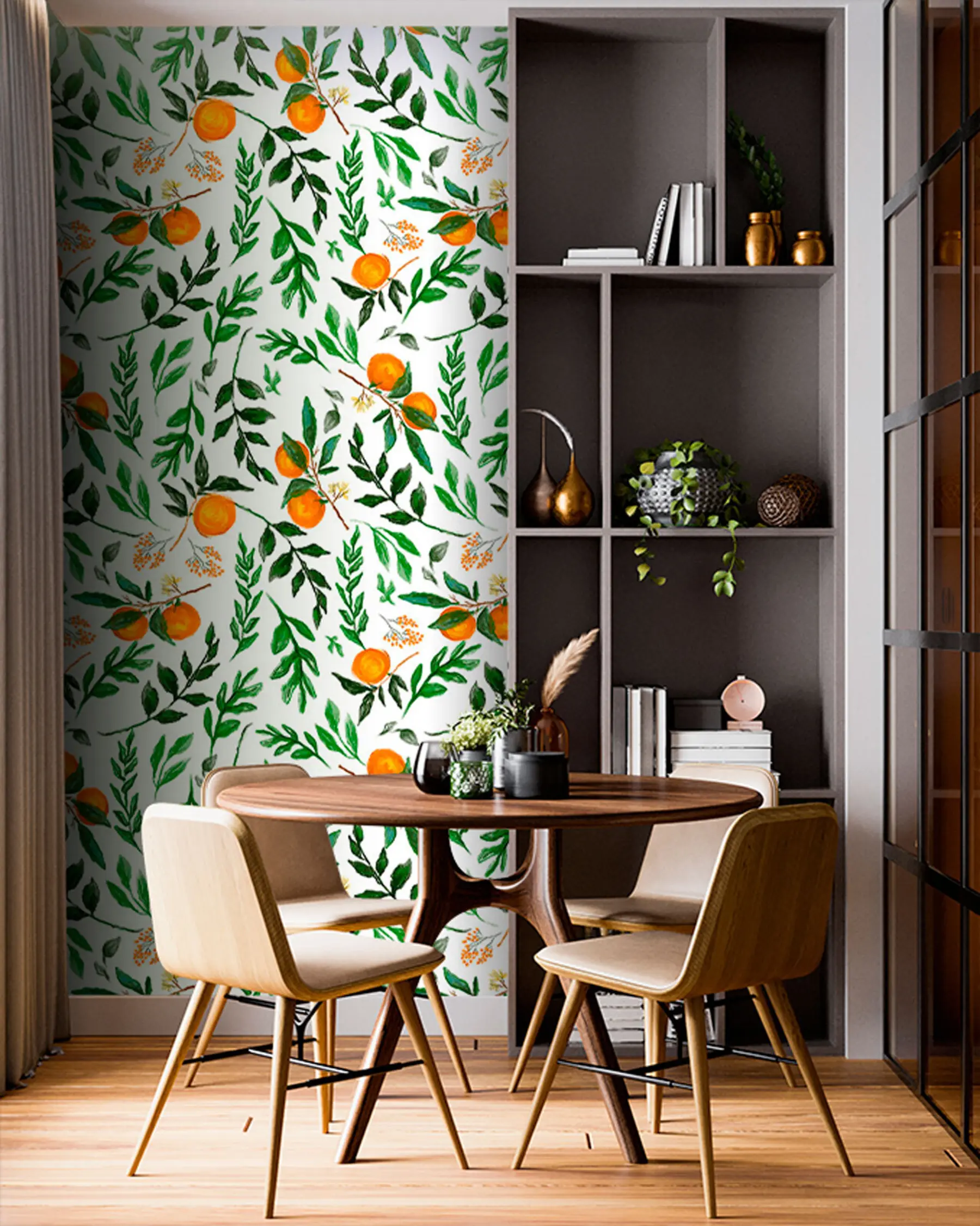 Murale Motif orange, design de papier peint avec des feuilles et des fruits u94333