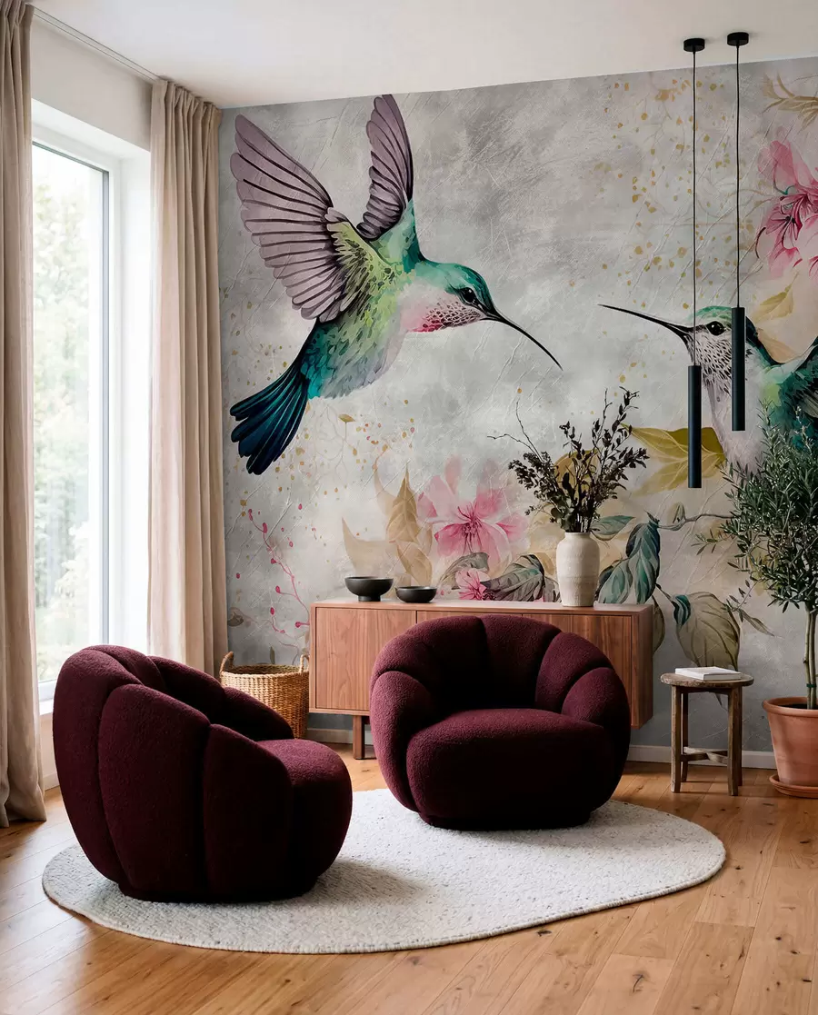 Murale Colibris aquarellés sur une branche u93994