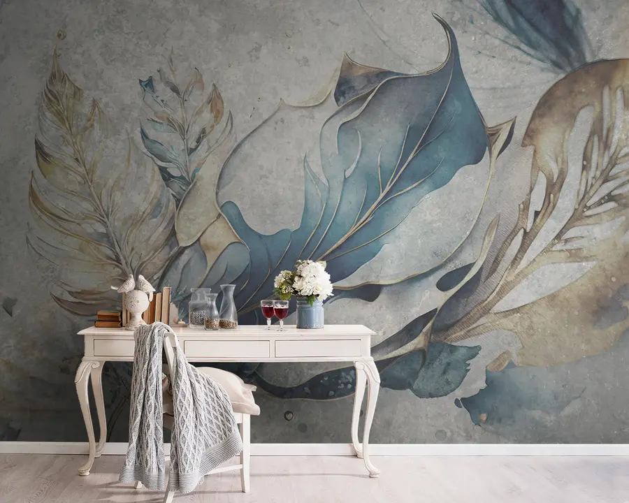 Fototapete Große Aquarellblumen auf einer Betonwand u93998