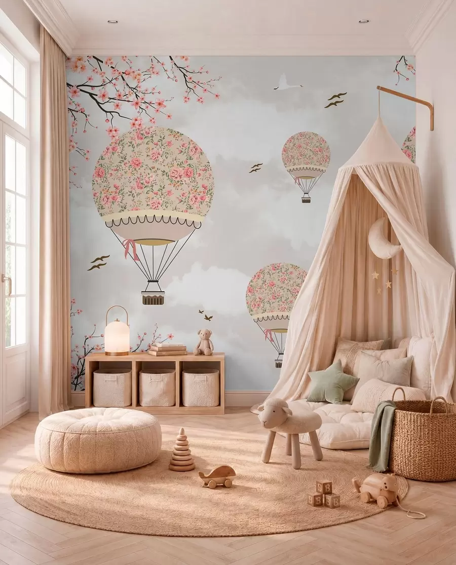Murale Ballons en fleurs et branches de sakura u94445
