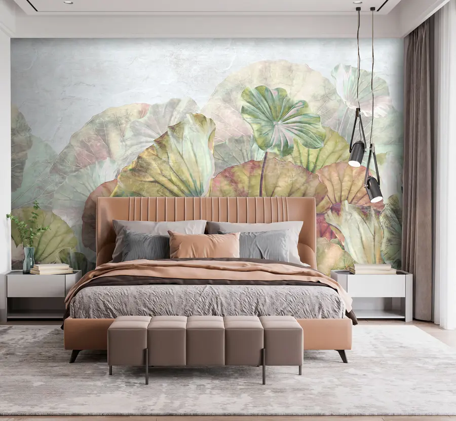 Murale Nénuphars verts et lys roses à la texture grunge u94272