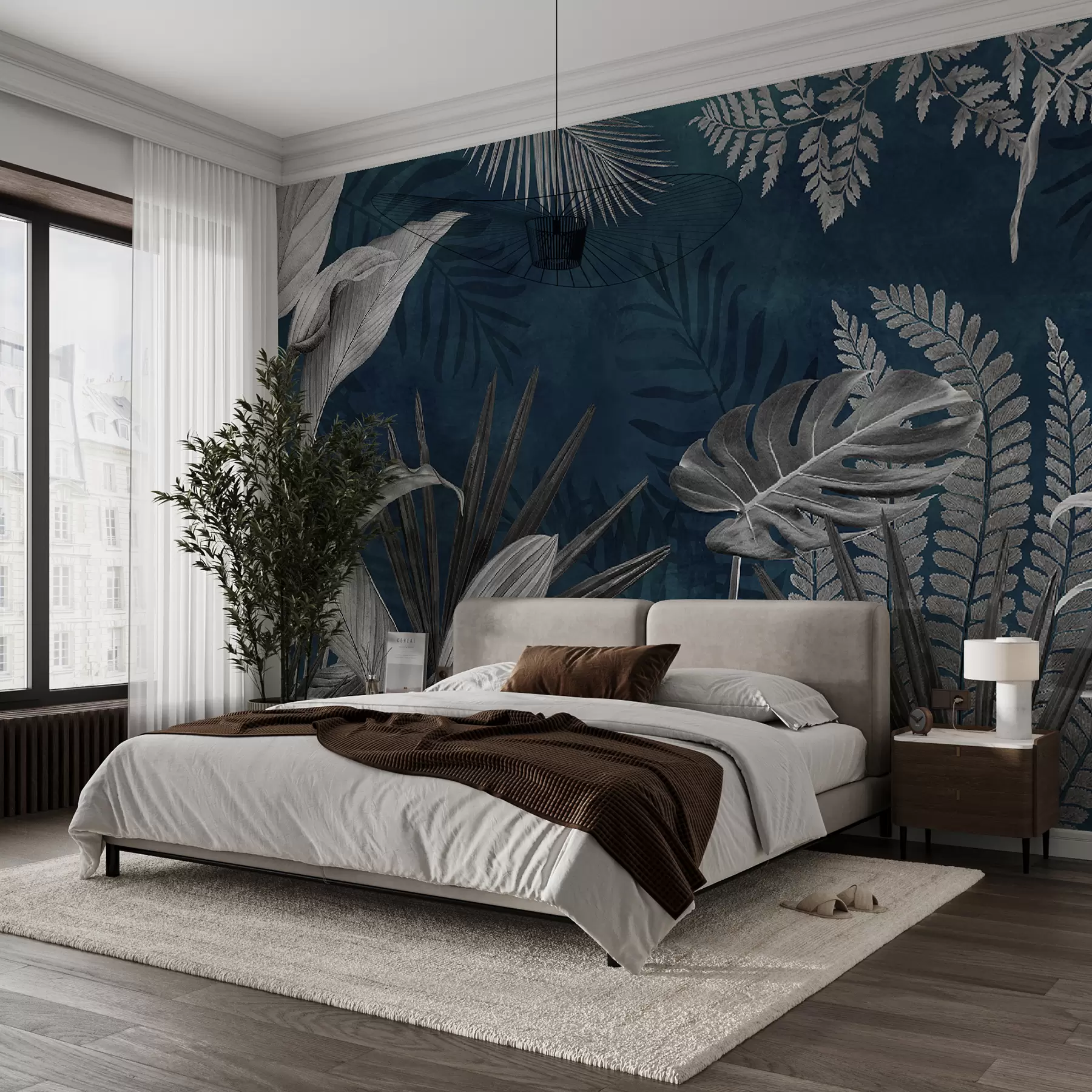 Fototapete Tropische Blätter auf blauem Hintergrund im Grunge-Stil u94419