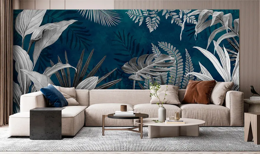 Murale Feuilles tropicales sur fond bleu dans un style grunge u94419