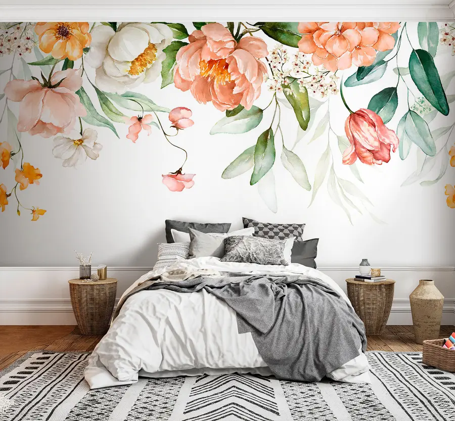 Fototapete Blumenstraußumrandung - grüne Blätter und rosa Blüten auf weißem Hintergrund u94427