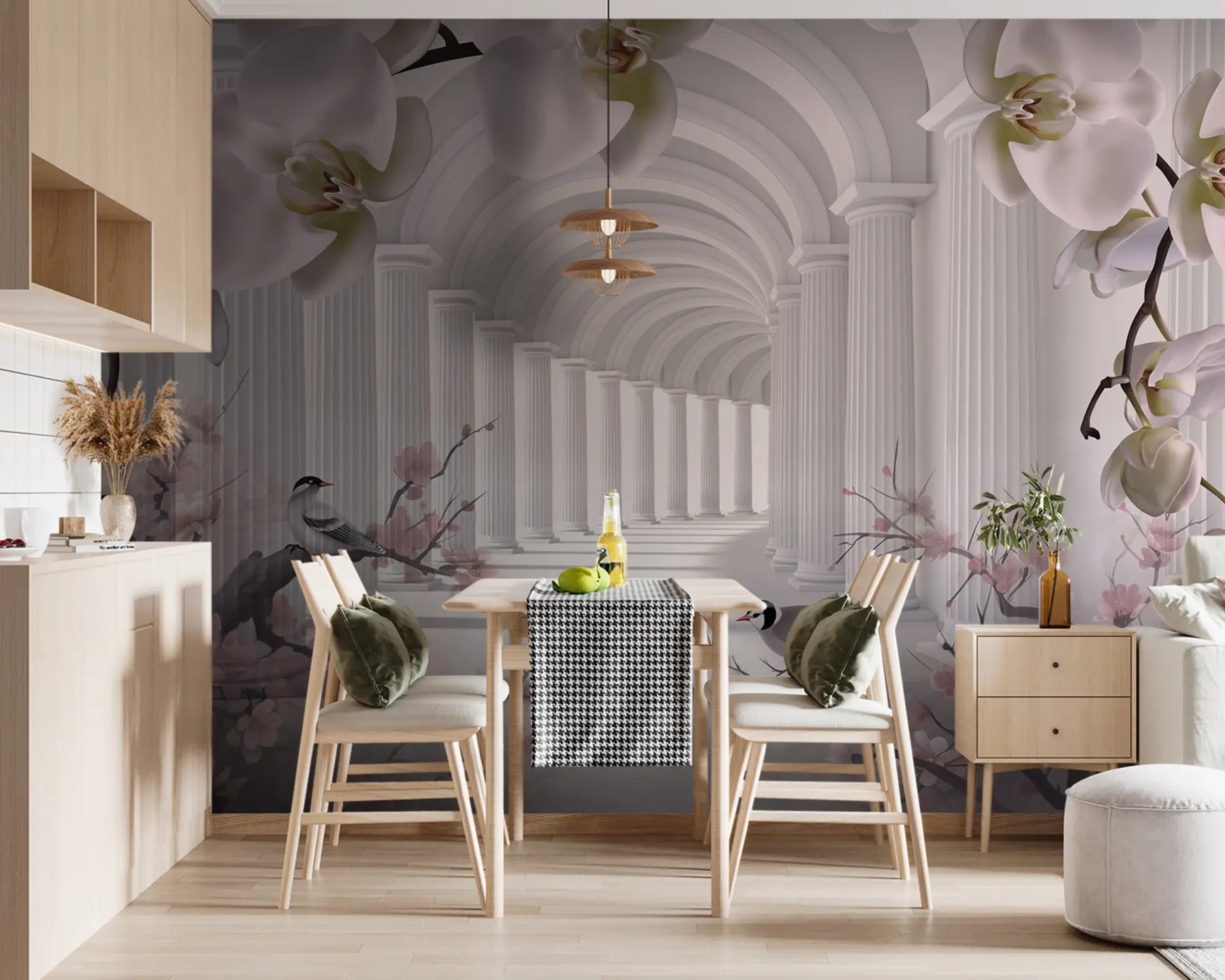 fototapeter Smuk tunnel med fugle og orkideer u94513