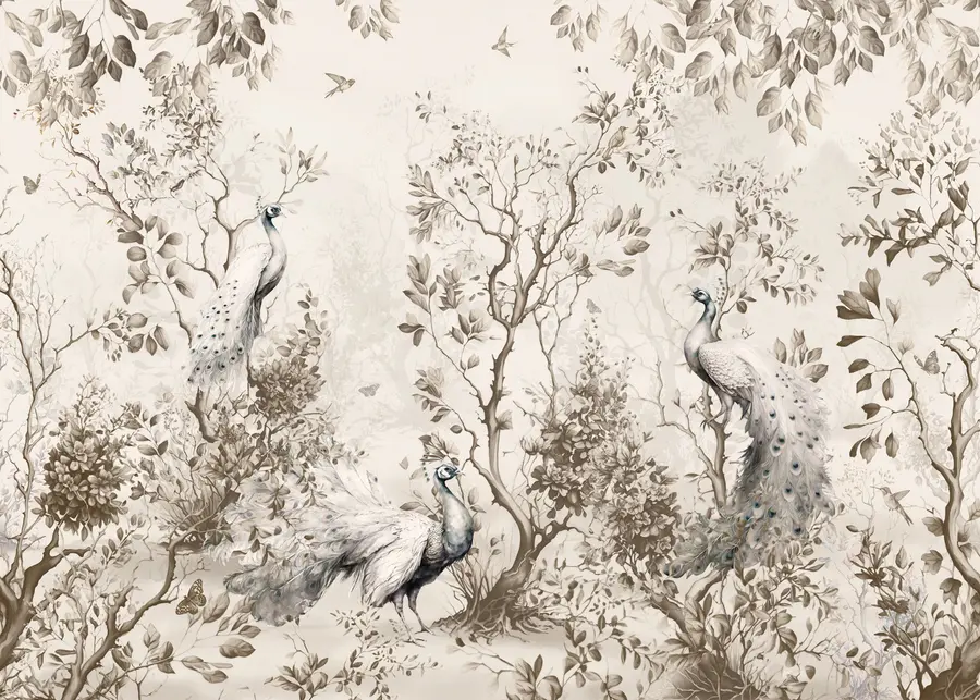 Murale Un jardin avec des oiseaux fragiles, des paons u94850