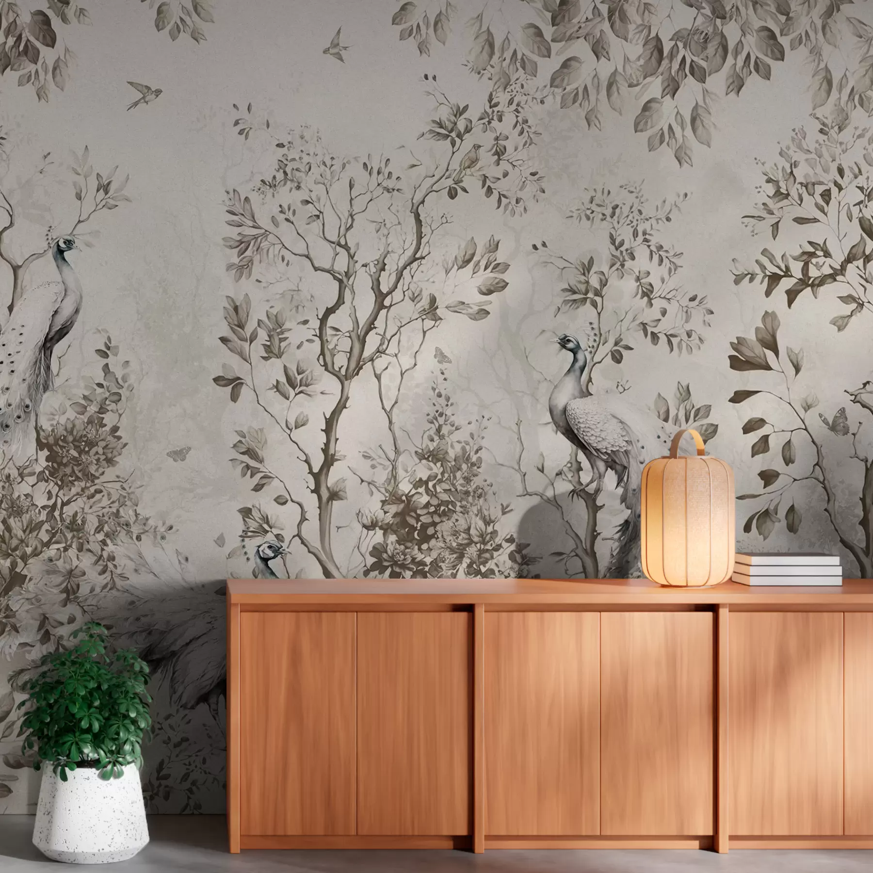 Murale Un jardin avec des oiseaux fragiles, des paons u94850
