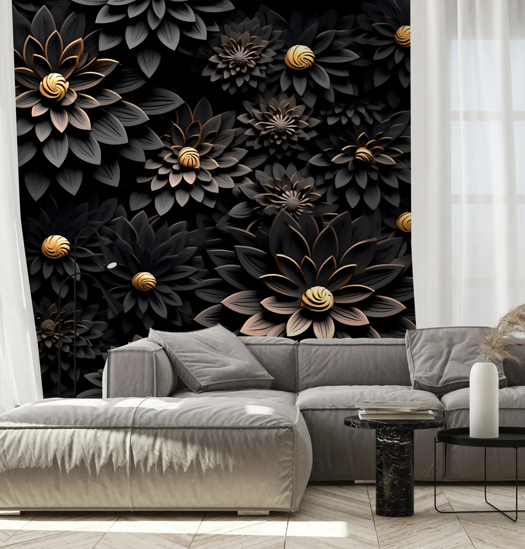 Fototapete Schwarze Blumen mit 3D-Effekt u95249