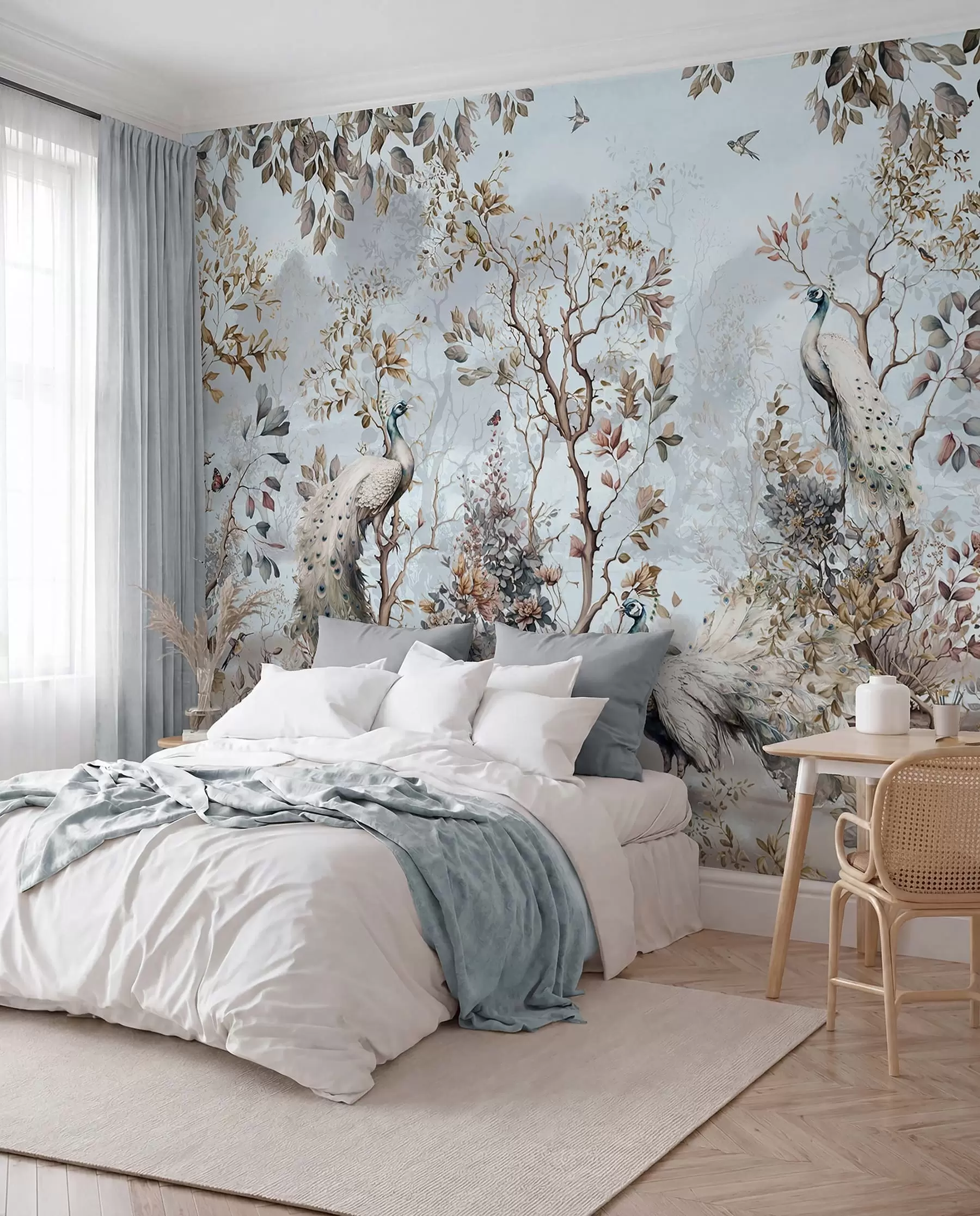 Fototapete Chinoiserie-Pflanzen und Pfauen im chinesischen Stil u94849