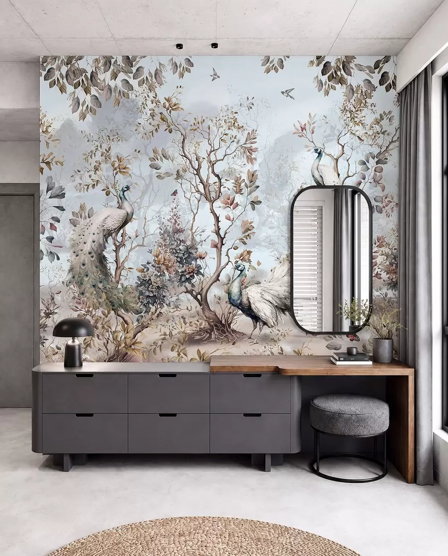 fototapeter Chinoiserie Planter og påfugle i kinesisk stil u94849