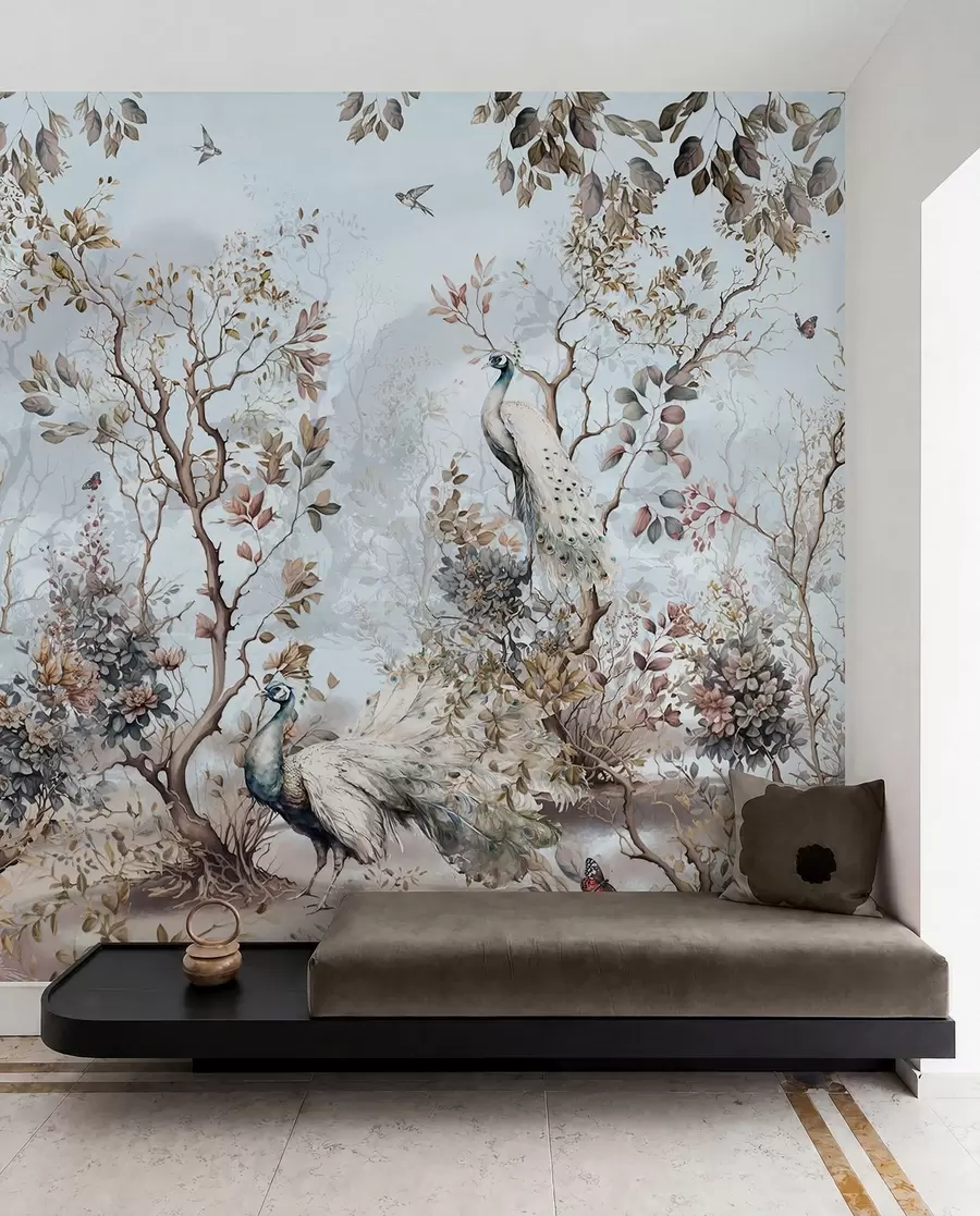 fototapeter Chinoiserie Planter og påfugle i kinesisk stil u94849