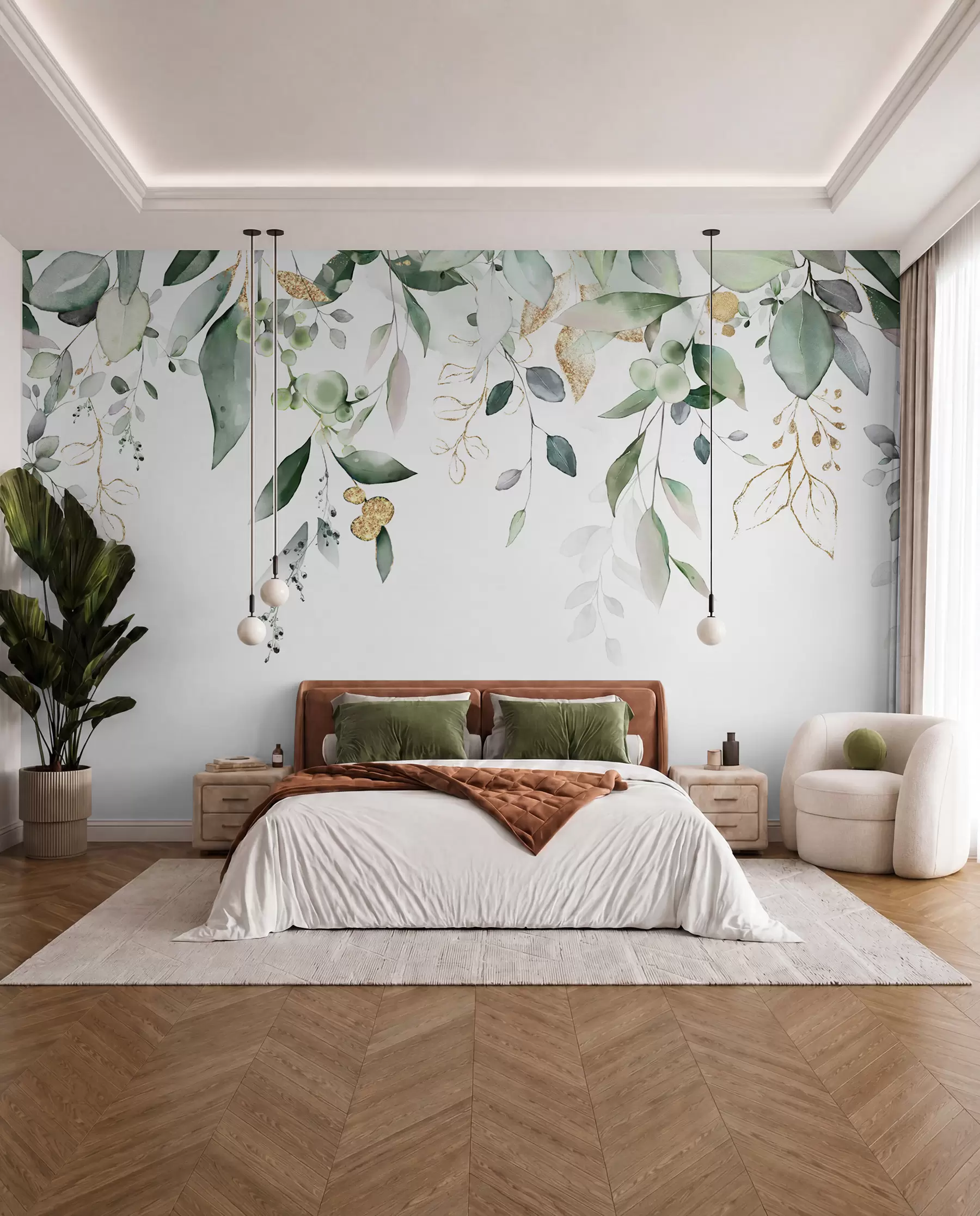 Murale Feuilles d'eucalyptus suspendues sur fond blanc u95506