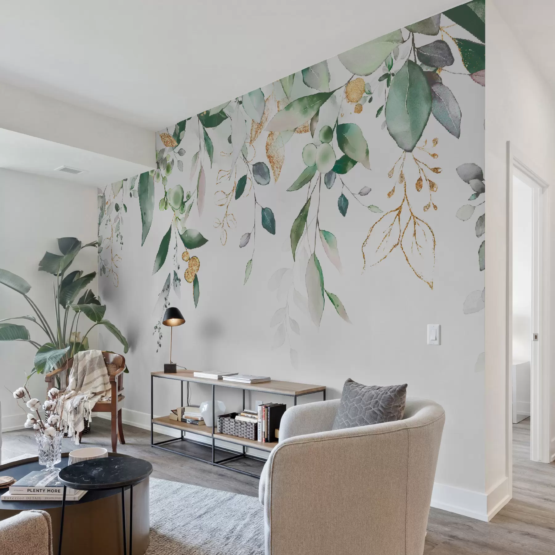 Murale Feuilles d'eucalyptus suspendues sur fond blanc u95506