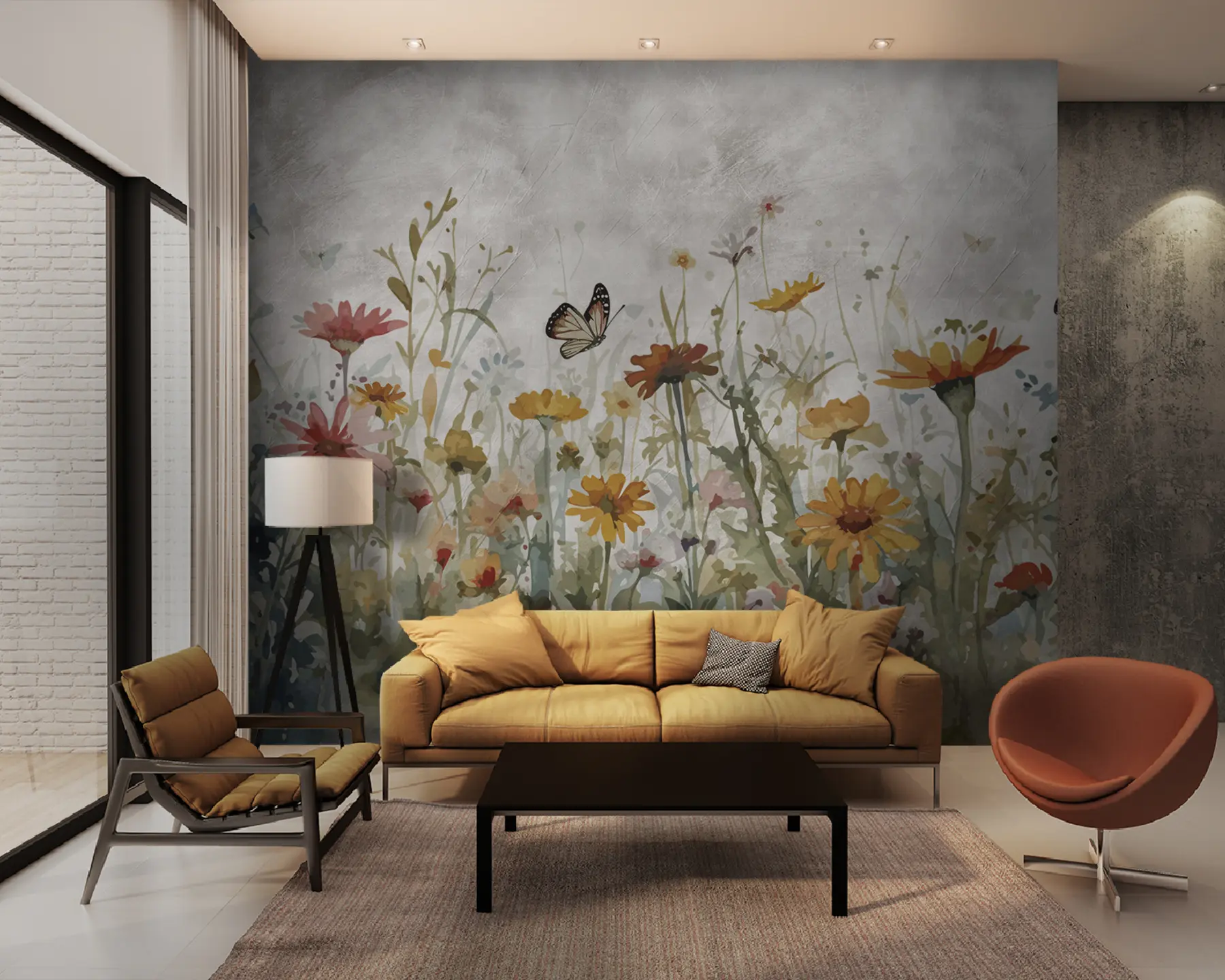 Fototapete Aquarell-Wildblumen und Schmetterlinge u95406