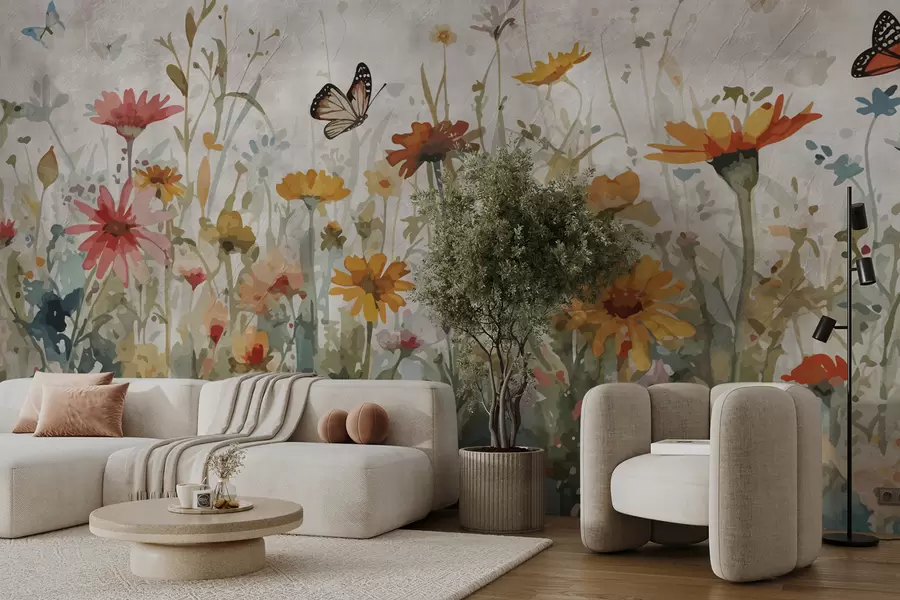 Murale Fleurs sauvages et papillons à l'aquarelle u95406