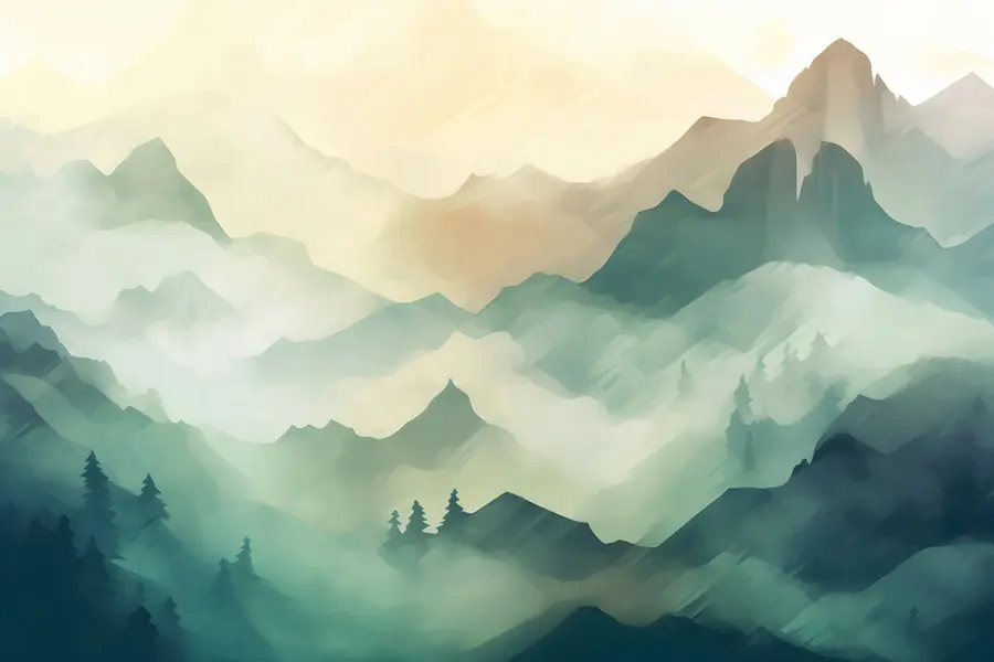 fototapeter Bjerge i den tågede skov u95994