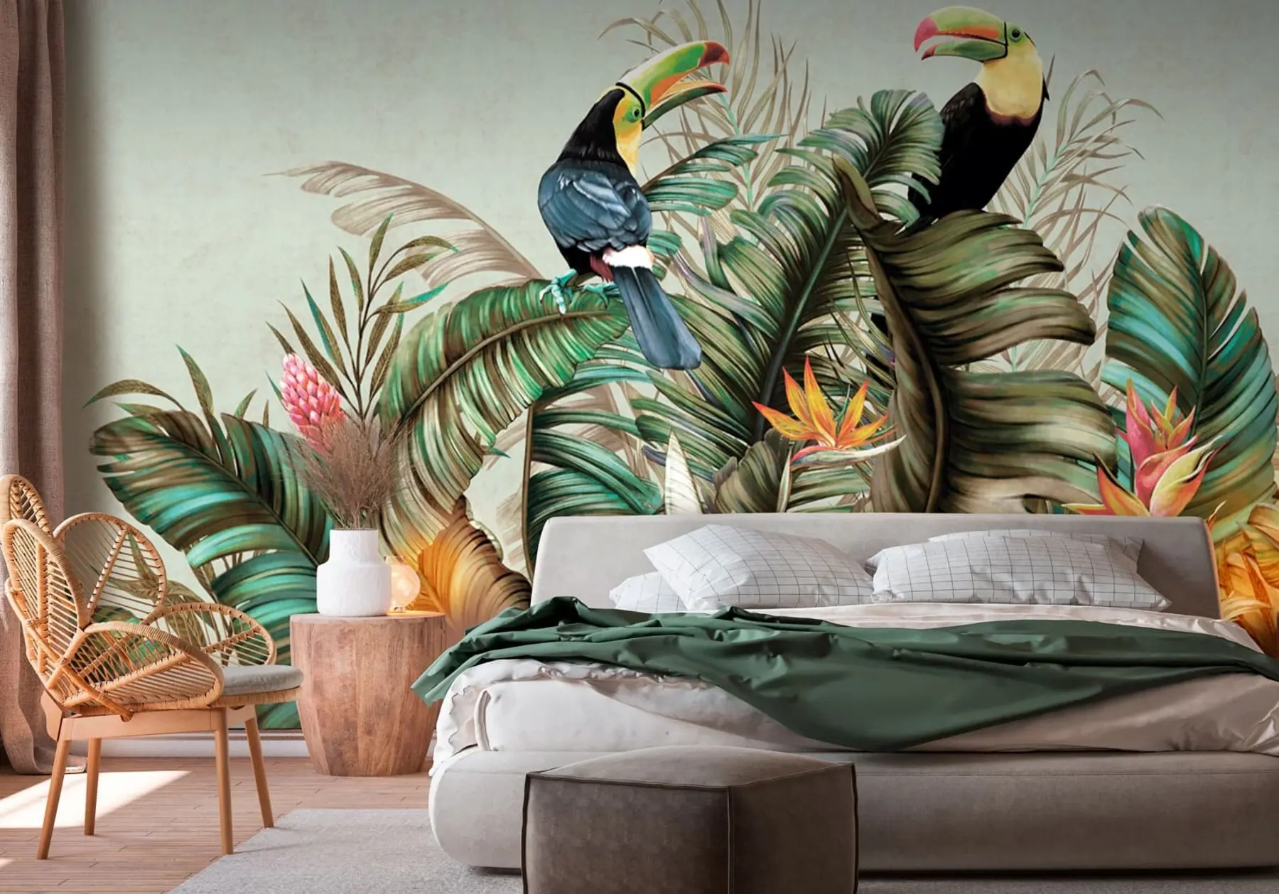 Murale Oiseaux exotiques Perroquet et toucan entre les feuilles de bananier et de palmier u95256