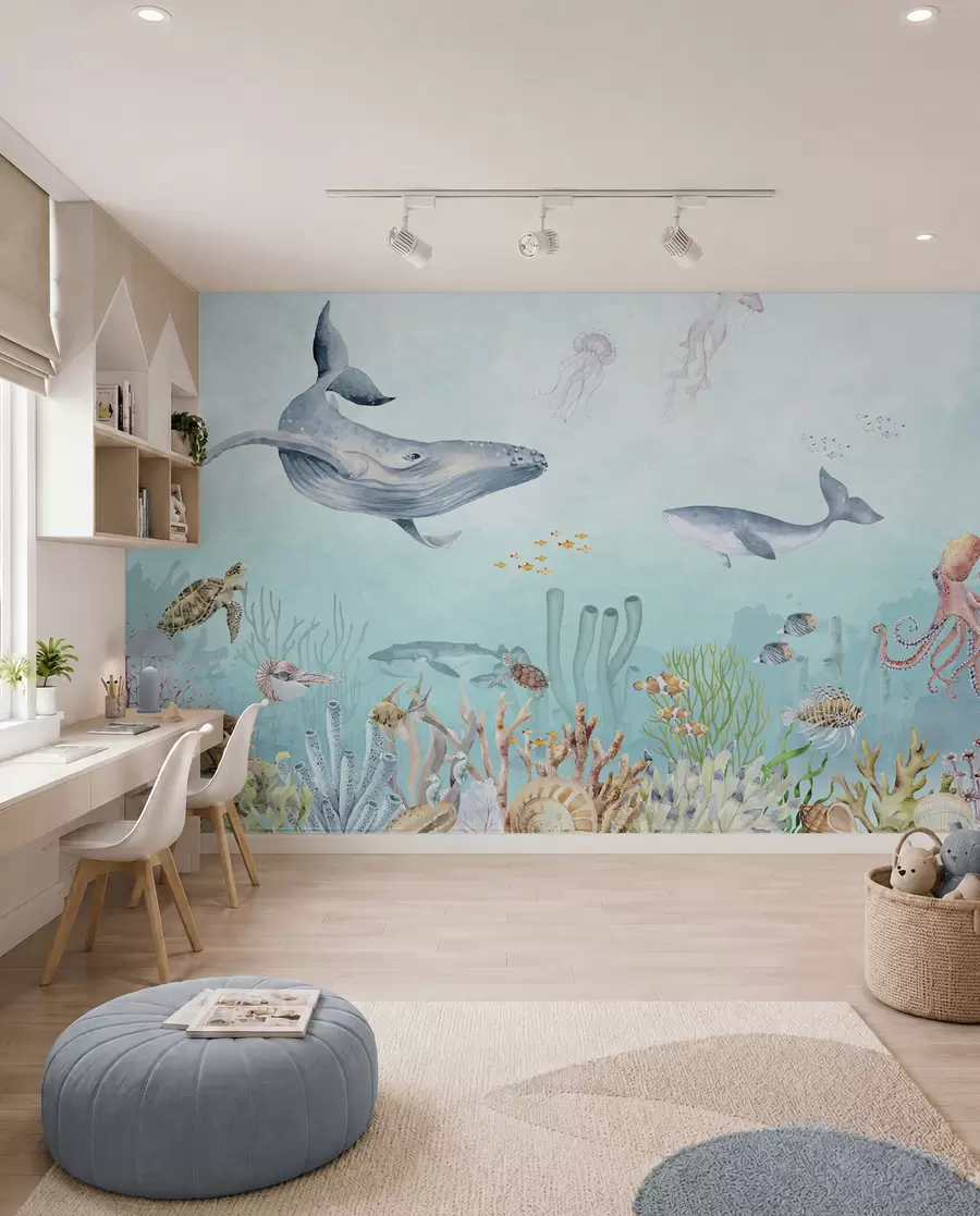 Murale Univers marin, grandes baleines, poissons et tortues u95446