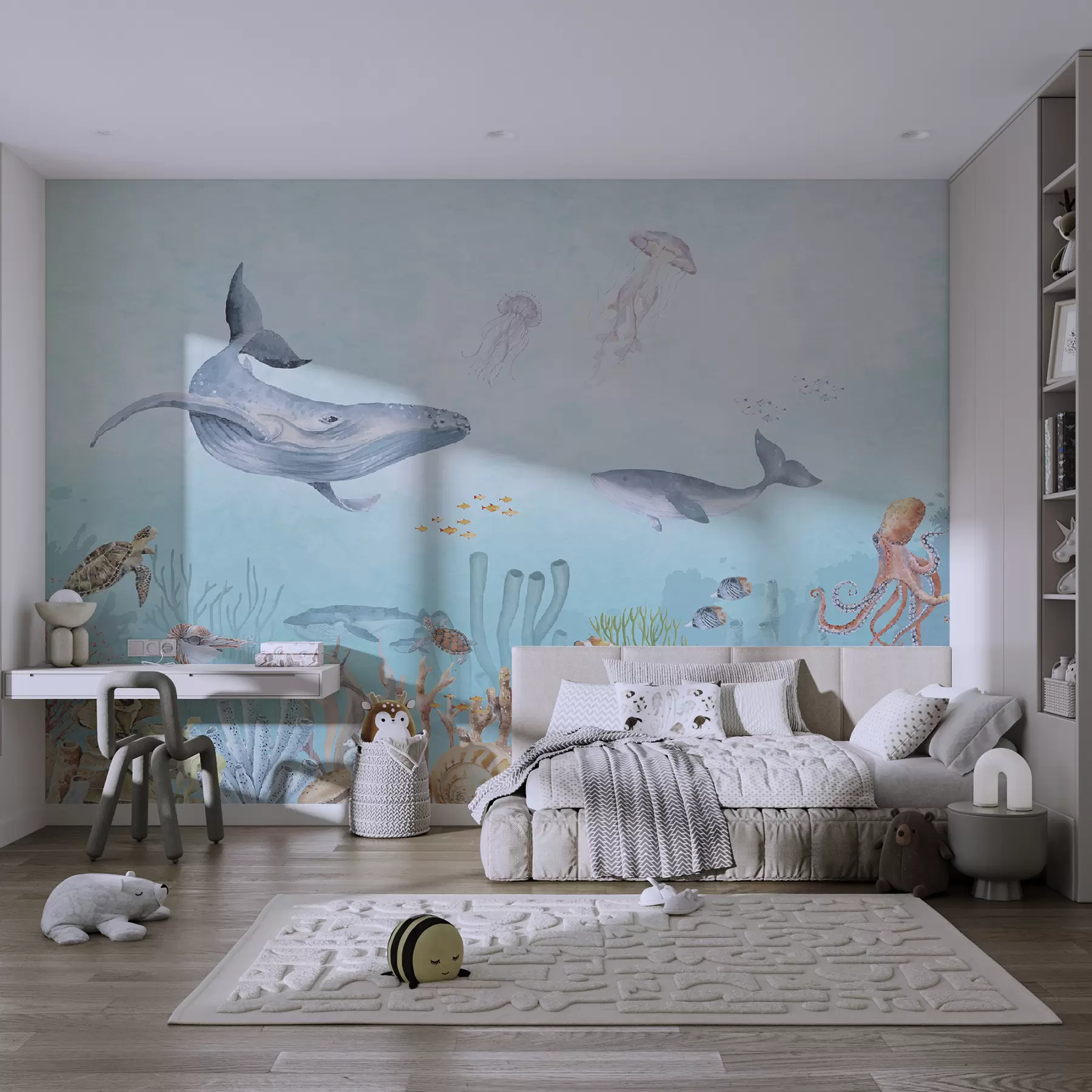 Murale Univers marin, grandes baleines, poissons et tortues u95446