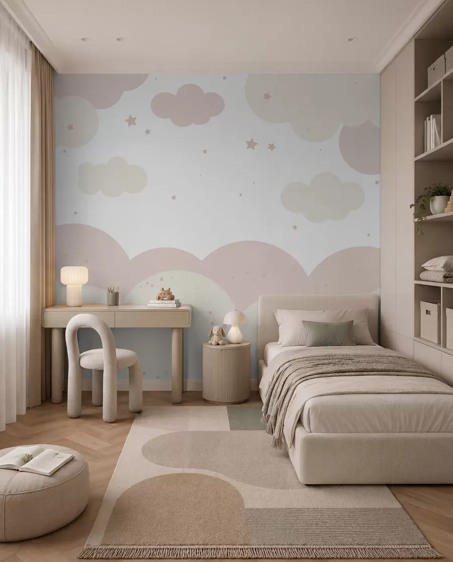 Murale Nuages et étoiles en couleurs pastel u95398