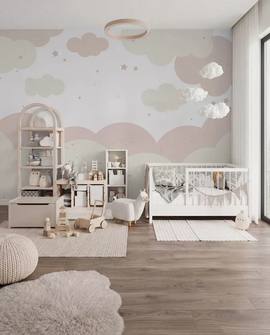 Murale Nuages et étoiles en couleurs pastel u95398