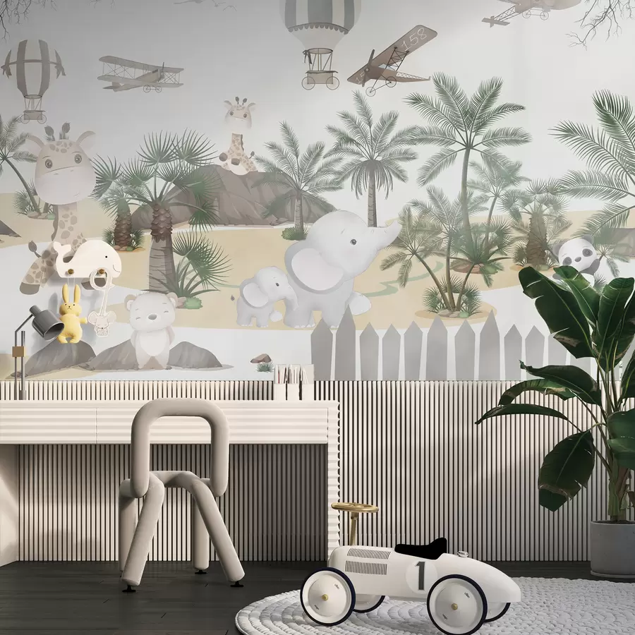 Murale Design avec des animaux mignons, des arbres tropicaux et des ballons de baudruche u95899