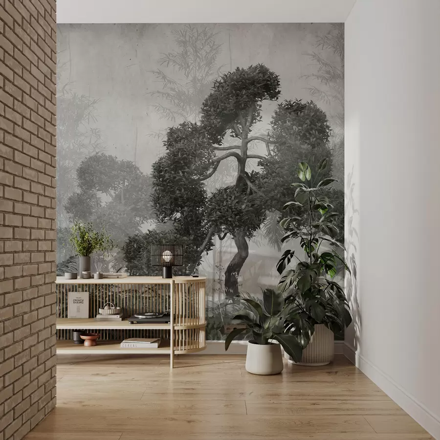 Murale Arbres et feuilles tropicaux dans une forêt brumeuse u95901