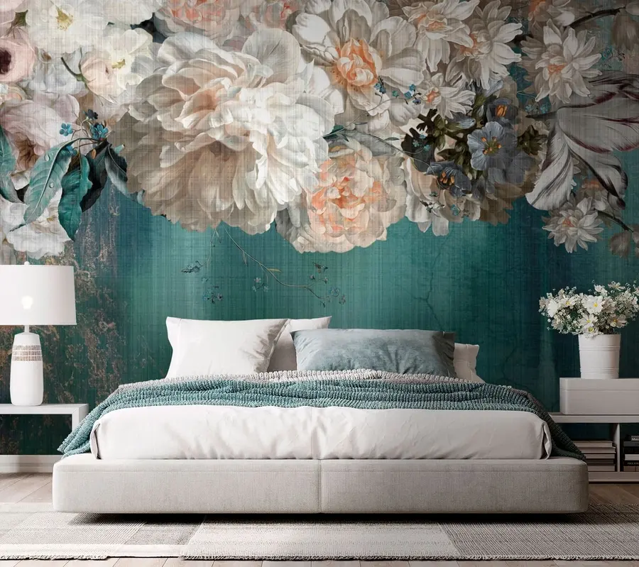 Fototapete Großer üppiger Blumenstrauß mit Grunge-Textur u95430