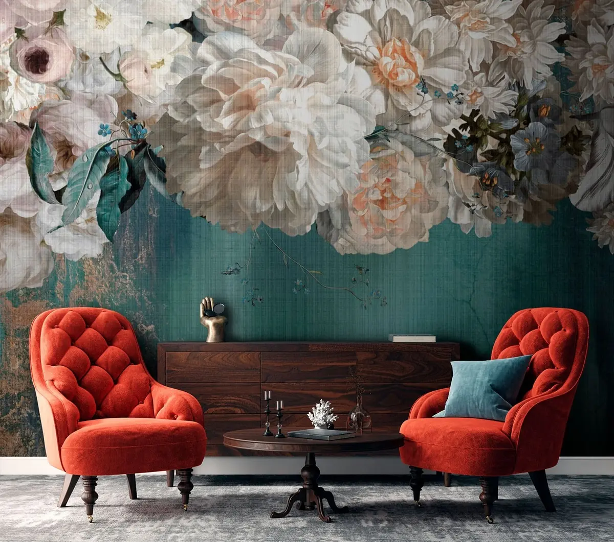 Fototapete Großer üppiger Blumenstrauß mit Grunge-Textur u95430