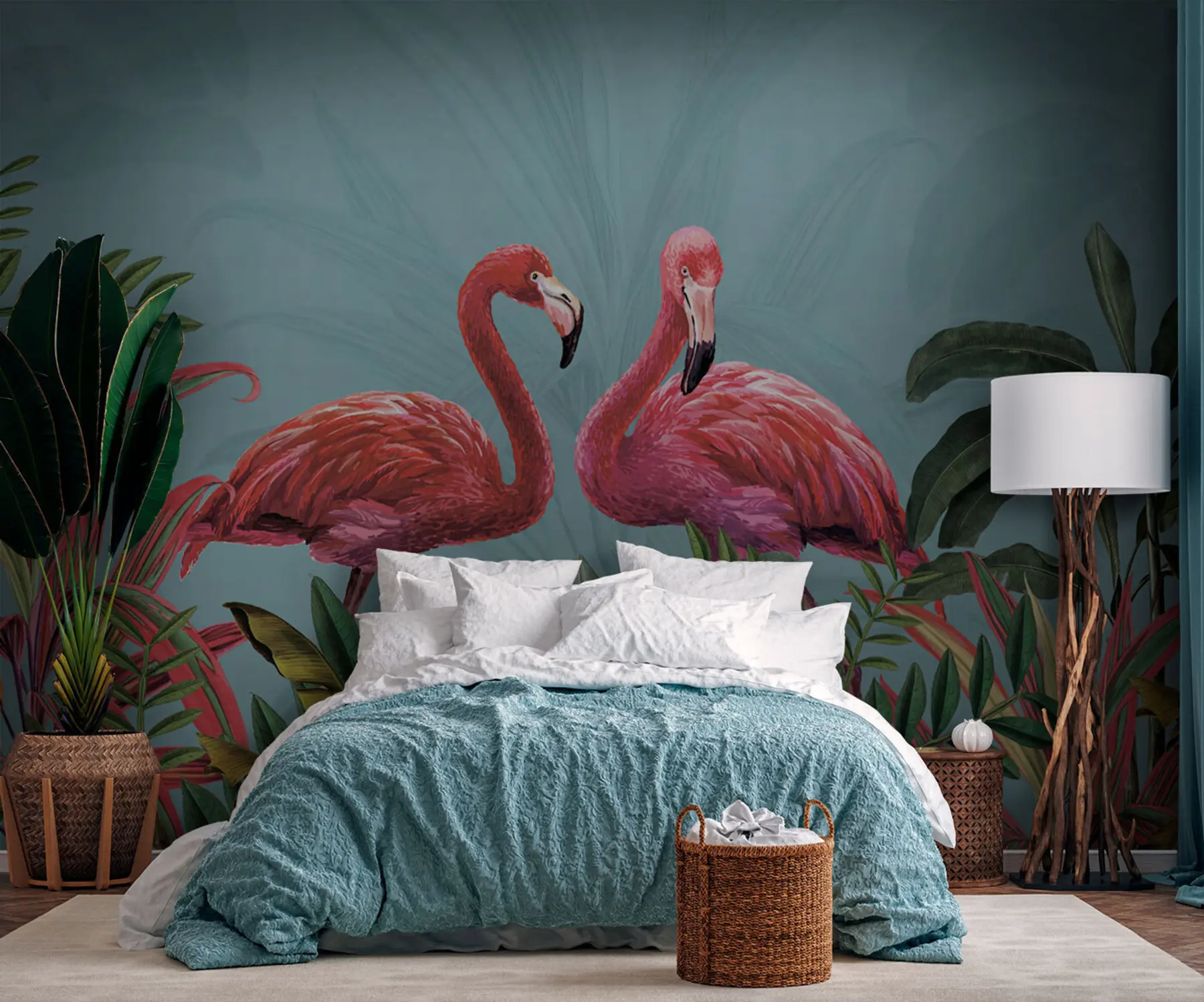 Fototapete Zwei rosa Flamingos im tropischen Dickicht u95732