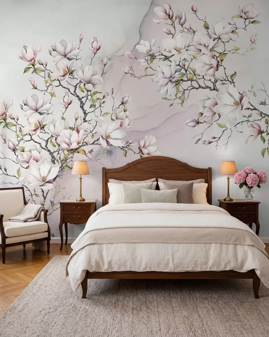 fototapeter Blomstrende magnolietræer på en marmorbaggrund u96114