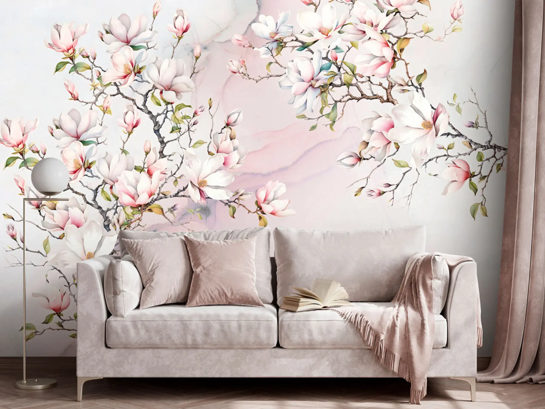 Murale Magnolias en fleurs sur fond de marbre u96114