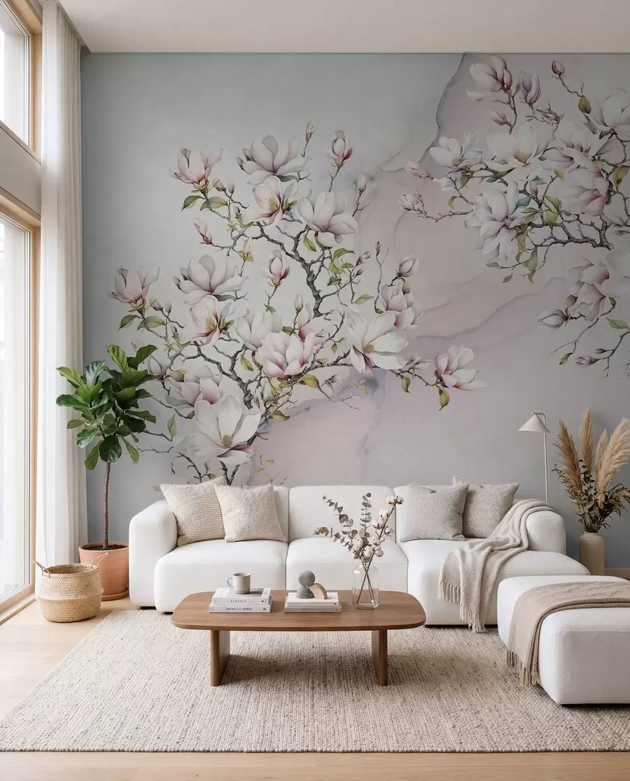 Murale Magnolias en fleurs sur fond de marbre u96114