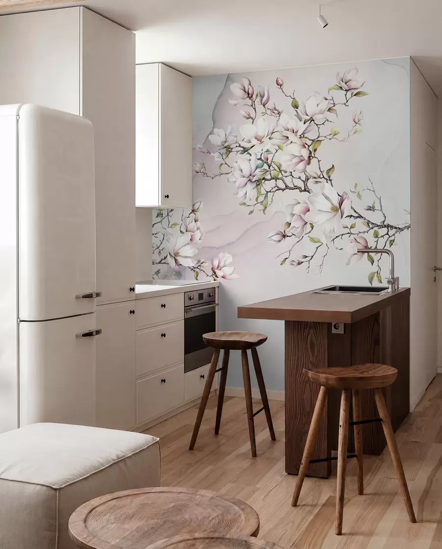 fototapeter Blomstrende magnolietræer på en marmorbaggrund u96114